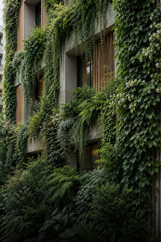 Green facade covered in climbing plants