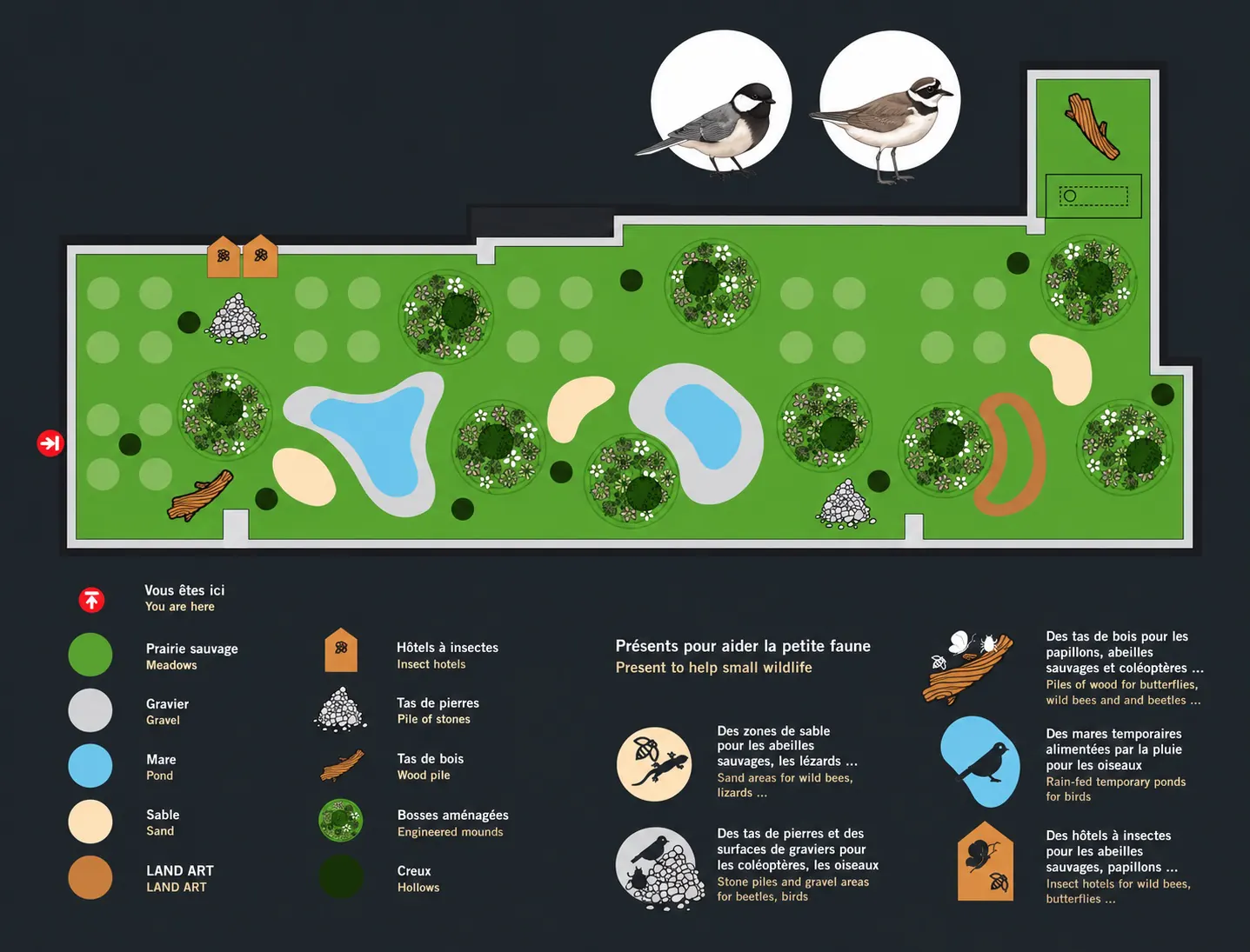 École du Seujet roof-plan diagram showing meadows, ponds, insect hotels and other biodiversity features, with legend